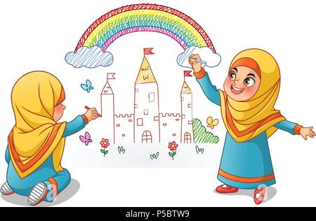 Les filles musulmanes attirer palace avec arc-en-ciel sur le mur, cartoon character design, illustration vectorielle, isolé contre l'arrière-plan blanc. Illustration de Vecteur