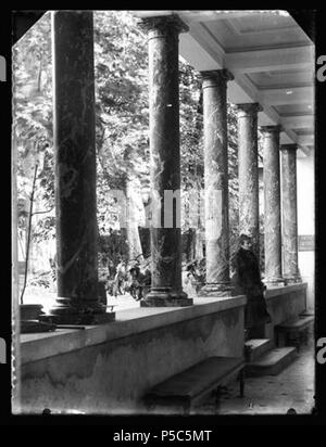 Établissement thermal : [English] . English : Galerie d'un établissement thermal, Luchon []. Vers 1880. Vue perspective de la colonnade au milieu de laquelle une femme descendre un escalier. Au premier plan à gauche jardin, colonnes de marbre, muret, plafonnier ; au second plan, debout sur les marches d'escalier, femme vêtue de sombre, vêtement long ; en arrière plan inscription sur mur. . Vers 1880. N/A 532 Établissement thermal - 51FI144 - Fonds Trutat Banque D'Images