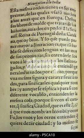 N/A. Anglais : Le Discurso de la navegación que los portugueses hazen a los reinos y provincias del oriente, y de la noticia que se tiene del Reino de Chine par Bernardino de Escalante (1577). C'est l'un des très rares exemplaires de ce livre, à partir de la bibliothèque de Lilly, Bloomington, Indiana. Folio 62 (verso) . Livre imprimé 1577 ; photos, 2011-06-07. Réservez par Bernardino de Escalante (fl. 1577) ; photos par utilisateur:Vmenkov Escalante-Lilly 525-p62verso Banque D'Images