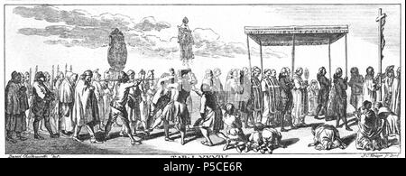 N/A. Onglet. LXXXIV. Historische Vorstellungen. c) Eine Prozession der römisch-katholischen Christen. Unter dem baldaquin geht ein Priester mit dem Venerabile. Voraus geht ein Mann mit einem Kreuz. Hinten trägt man wundertätige Gemälde, auch Fahnen. Folgen Alsdann Männer allerlei Standes mit brennenden geweihten Kerzen. Andere beiderlei Geschlechts nach diesen dans andächtiger Stellung. Die Zuschauer tombé auf ihr Angesicht. Protestant, der sich ein dessen weigert, wird von dem Pöbel und zum geschlagen, Hutabnehmen gezwungen. (Beschreibung lt. Quelle) . 1774. Daniel Chodowiecki (1726-1801) Banque D'Images