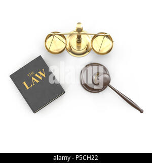 Marteau juridique Balances et Law Book sur blanc. 3D illustration Banque D'Images