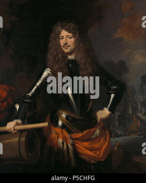 Cornelis Evertsen, luitenant-admiraal Van Zeeland . Nederlands : Portret van Cornelis Evertsen, luitenant-admiraal Van Zeeland. Dans Staand wapenrusting lijve halven, dix, s'est réuni en commandostaf rechterhand geleund de tegen de loop van een kanon, de linkerhand dans de zij. Op de achtergrond een zeeslag. Nicolaes MAES ; (1634-1693), olieverf op doek, 1680 . 1680. N/A 380 Cornelis Evertsen, luitenant-admiraal Van Zeeland Rijksmuseum SK-A-1662 Banque D'Images