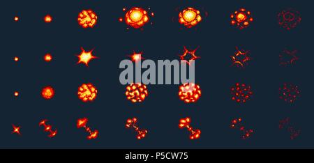 Pixel art explosion. jeu icons set. Comic boom effets flamme pour l'émotion. 8-bit vecteur. Explosion Nucléaire flash Bang exploser la bulle de la dynamite avec la fumée. Animation frame. Les étapes du procédé, vidéo incendie. Illustration de Vecteur