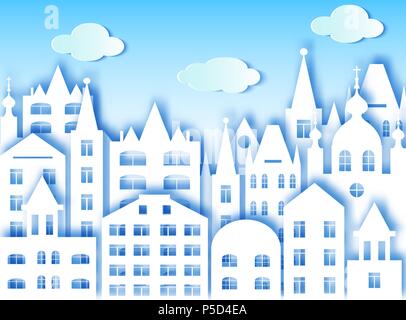 Bâtiment de grande ville et de nuages. Vector illustration. Style art papier Illustration de Vecteur