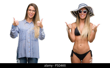 Belle jeune femme blonde portant des tenues d'affaires et le bikini fait signe de succès geste positif avec la main, les pouces jusqu'en souriant et heureux. À la une Banque D'Images