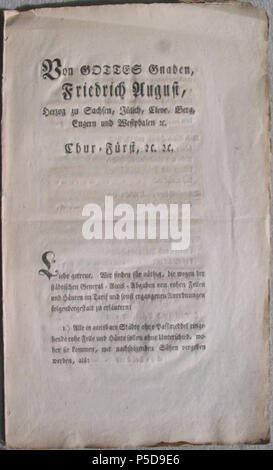 N/A. Preisedikt für Felle von 1801, Seite 1 Deutsch : Von Gottes Gnaden, Friedrich August, Herzog zu Sachsen, Jülich, Cleve, Berg, Engern u. Westphalen u. Chur-Fürst, u. u. Liebe getreue. Wir finden für die, nöthig General-Acciss wegen der städtischen-Abgaben und Fellen rohen von Häuten und sonst Tarif im ergangenen Anordnungen folgendergestalt zu erläutern : Alle dans accisbare Passirzeddel eingehende rohe ohne Städte und Felle sollen Häute ohne Unterschied, woher kommen Sie mit, nachfolgenden Sätzen vergeben werden, als : (Fortsetzung nächste Seite) . Le 31 mars 1801. Friedrich August von Sachsen Banque D'Images