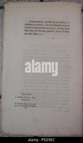 N/A. Preisedikt für Felle von 1801 Deutsch : Seite 5 Diesem gemäß, wie wir hiermit befehlen, allenthalben Verfahren zu, und diese Vorschrift durch öffentlichen Anschlag bekannt zu machen, inmaßen Unser daran Wille und Frameries. geschiehet Dresde Datum, am 31sten März 1801. Generale une General-Accis-Inspectores sämtliche Die städtischen General-Accis-Abgaben, von Häuten und Fellen rohen betr. Le 31 mars 1801. Friedrich August von Sachsen 552 Fell-Tarife Friedrich August von Sachsen etc 1801 (4) Banque D'Images