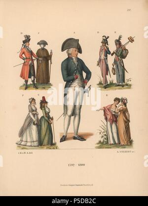 Fashions de 1792 à 1800. Un fonctionnaire de Munich (A), les agents de Würzburg (B,C), le français des agents de l'Armée révolutionnaire (D,E), l'allemand en anglais femmes fashions (F,G), et les femmes dans le style néo-classique de la mode (H). Chromolithographie de Hefner-Alteneck's 'Costumes, Œuvres et appareils du Moyen Âge au xviiie siècle, Francfort, 1889'. Illustration par le Dr Jakob Heinrich von Hefner-Alteneck, lithographiée par A. Volkert, et publié par Heinrich Keller. Le Dr Hefner-Alteneck (1811 - 1903), était un conservateur de musée, archéologue, historien de l'art, illustrateur et graveur. Banque D'Images