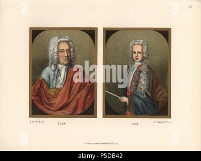 Bewigged les hommes de l'Allemand portraits à l'huile du milieu du xviiie siècle. Chromolithographie de Hefner-Alteneck's 'Costumes, Œuvres et appareils du Moyen Âge au xviiie siècle, Francfort, 1889'. Illustration par le Dr Jakob Heinrich von Hefner-Alteneck, lithographie de A. Volkert et publié par Heinrich Keller. Le Dr Hefner-Alteneck (1811 - 1903) était un conservateur allemand, archéologue, historien de l'art, illustrateur et graveur. Banque D'Images