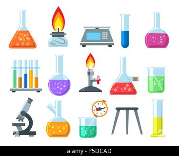 Béchers et brûleurs. Bécher et Vector set brûleur isolé sur fond blanc, verrerie de laboratoire chimique Illustration de Vecteur