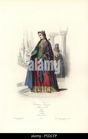 Costumes de l'image française, 10e siècle. Gravure coloriée par Hippolyte Pauquet D'après un dessin de Wilmin du Pauquet Frères' 'Modes et Costumes historiques' (Historique Modes et costumes), Paris, 1865. Hippolyte (b. 1797) et Polydor Pauquet (b. 1799) a dirigé une maison d'édition réussie à Paris dans le 19e siècle, spécialisé dans les livres illustrés sur le costume, oiseaux, papillons, l'anatomie et l'histoire naturelle. Banque D'Images