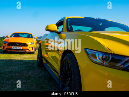 2 cool fast cars, 2 droite européenne Ford Mustang 5 litres V8 GT Fastback voitures Auto Banque D'Images