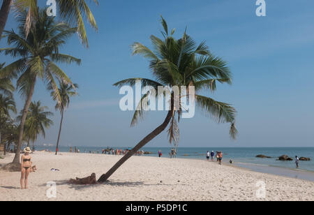 Les gens sur la plage près de cocotier , Province de Prachuap Khiri Khan, Hua Hin, Thaïlande, Asie. Banque D'Images