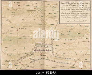 N/A. Español : Mapa del área de Almansa que muestra la evolución de la Batalla de Almansa el 25 de abril de 1707. Français : Carte mere arabe (voir photo 5 des environs de la plaine d'Almansa. Ou est representée l'Armée du Roy d'Espagne en ordre de bataille, commandée par Mg.r le Duc de Barwick. Aven l'ordre de marche des ennemis sur quatre colomnes, de Villena à Caudeté Caudeté, et de au champ de bataille [sic]. 1709. 279 Carte mere arabe (voir photo 5 inconnu des environs de la plaine d'Almansa (1709) Banque D'Images