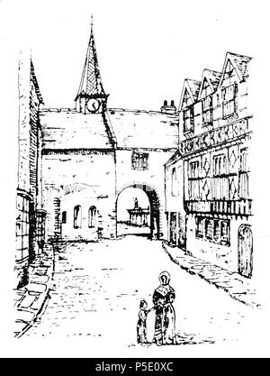 N/A. La 16e.c. Maison odderidge «' (à droite) dans la rue, Barnstaple, Devon, maison de Sir John Dodderidge (1555-1628), la justice du Banc du Roi. 19th.c. gravure par Jonathan Lomas (pb. de nouvelles usines, Derbyshire), vue à la croix vers le bas de la rue Croix haute vers l'entrée ouest et de la chapelle de St Nicolas. 19e siècle. Jonathan Lomas 459 DodderidgeHouseBarnstaple Banque D'Images