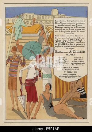 Les femmes à la mode à la plage : les femmes en maillots de bain, vêtements de sport, porter un chapeau, exerçant son activité sous des parasols, l'homme en voiture classique. Publicité pour Paris fashion house A. Gillier. . Coloriée pochoir (stencil) lithographie du magazine de mode de luxe français de "l'art, la goutte, Beaute' 1928. Banque D'Images