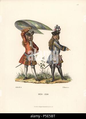 Militaire allemand costume porté par bewigged cavaliers de la fin du xviie siècle. L'huile de miniatures copié comme coloriée cuivres par Martin Engelbrecht. Chromolithographie de Hefner-Alteneck's 'Costumes, Œuvres et appareils du Moyen Âge au xviiie siècle, Francfort, 1889'. Illustration par le Dr Jakob Heinrich von Hefner-Alteneck, lithographiée par F. Baur et publié par Heinrich Keller. Le Dr Hefner-Alteneck (1811 - 1903) était un conservateur allemand, archéologue, historien de l'art, illustrateur et graveur. Banque D'Images