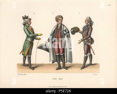 La mode masculine de la fin du 18e siècle. Chevalier de l'ordre dans ses robes de cérémonie au centre, et deux jeunes hommes dans un beau costume de chasse. Chromolithographie de Hefner-Alteneck's 'Costumes, Œuvres et appareils du Moyen Âge au xviiie siècle, Francfort, 1889'. Illustration par le Dr Jakob Heinrich von Hefner-Alteneck, lithographiée par CB, et publié par Heinrich Keller. Le Dr Hefner-Alteneck (1811 - 1903), était un conservateur de musée, archéologue, historien de l'art, illustrateur et graveur. Banque D'Images