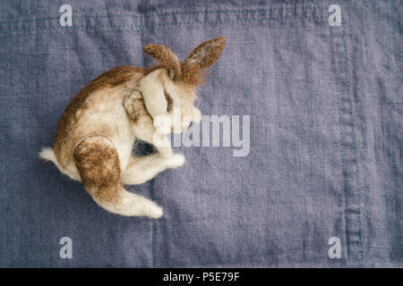 Feutre aiguille lapin sauvage de dormir sur un tissu en lin Banque D'Images