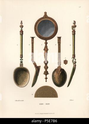 Woman's hand mirror et de cuillères en argent doré du début du 17ème siècle. Chromolithographie de Hefner-Alteneck's 'Costumes, Œuvres et appareils du Moyen-Âge au 17ème siècle", Francfort, 1889. Illustration par le Dr Jakob Heinrich von Hefner-Alteneck, lithographiée par , et publié par Heinrich Keller. Le Dr Hefner-Alteneck (1811 - 1903) était un conservateur allemand, archéologue, historien de l'art, illustrateur et graveur. Banque D'Images