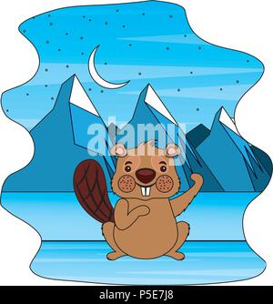 Paysage d'hiver mignon castor dans vector illustration Illustration de Vecteur