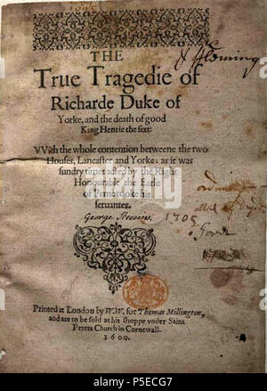 N/A. Anglais : page de titre de la 2e édition quarto de la jouer maintenant connu sous le nom de Henry VI, part 3 . 1600. William Shakespeare (1564-1616) Description Français dramaturge, poète, comédien, scénariste, acteur et dramaturge Date de naissance/décès 23 Avril 1564 23 avril 1616 (dans le calendrier julien) Lieu de naissance/décès Stratford-upon-Avon Stratford-upon-Avon contrôle d'autorité : Q692 VIAF:96994048 ISNI:0000 0001 2103 2683 ULAN:500272240 RCAC:n78095332 ALN:35491939 38 WorldCat 3H6 Q2 TP 1600 Banque D'Images