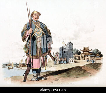 N/A. Anglais : Dessin de William Alexander, rapporteur pour avis de l'ambassade Macartney en Chine en 1793. Un soldat armé d'un fusil. On échangea À sa droite se bloque son cartouch-box et à sa gauche, son épée avec la pointe vers l'avant. Dans l'arrière-plan, il y a un poste militaire. Une sentinelle bat un gong pour appeler la garde, qui sont prêts à saluer un homme de rang. Alexander a fait état d'une conception dépassée des chinois par rapport à l'armes à feu des mousquets. Image tirée du costume de la Chine, de l'illustré dans quarante-huit gravures en couleur, publié à Londres en 1805. vers 1800. William Alexande Banque D'Images