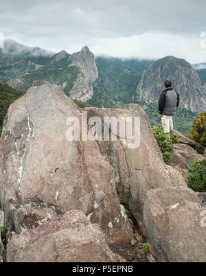 Mature male hiker surplombant le Parc National de Garajonay (site du patrimoine mondial de l'UNESCO) sur La Gomera dans les Canaries, Espagne Banque D'Images