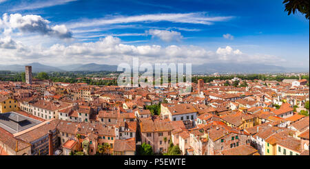 Vue panoramique vue aérienne de la vieille ville de Lucques avec toit en terre cuite et des immeubles tours médiévales, Toscane, Italie Banque D'Images