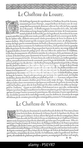 N/A. Anglais : Page de texte discutant le Château du Louvre et le Château de Vincennes, le premier volume des Plus Excellents Bastiments de France par Jacques I Androuet du Cerceau.  <--page précédente page suivante -- > . 1576. Jacques I Androuet du Cerceau (1510-1585) Noms alternatifs Jacques Androuet Jacques Androuet du Cerceau, l'Ancien ; Jacques Androuet du Cerceau, Jacques Androuet DuCerceau Androuet Ducerceau ; Jacques, architecte français Description graveur et dessinateur de cuivre père de Baptiste Androuet du Cerceau père de Jacques II Androuet du Cerceau Date de naissance/ Banque D'Images