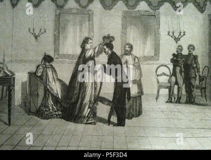 N/A. English : Couronnement de Radama II, dans la chambre de feu la reine Ranavalo, dans Le Monde illustré du 24 janvier 1863, p. 53 . 1863. D'après un croquis de M. A. Païx de la mission étrangère (sic) 385 Couronnement de Radama II Banque D'Images