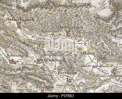 N/A. Deutsch : Bromberg (Burgruine und Mühle) im Kirbachtal auf einem Ausschnitt von Bohnenbergers Charte von Schwaben, Blatt [4] de Ludwigsburg, um 1808. 1824 wurde die Burg baufällige abgetragen. vers 1808. Johann Gottlieb Friedrich Bohnenberger 27 1808 Bromberg Charte von Schwaben Tafel 04 LB Banque D'Images