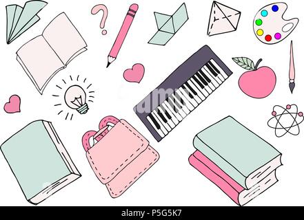 Vector Illustration des différents types de fournitures scolaires. Première journée d'école, le retour à l'école Illustration de Vecteur