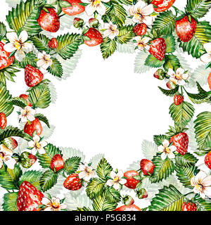 Aquarelle floral background avec des fraises. Carte d'été avec l'exemplaire de l'espace. Châssis à l'aquarelle les fraises. Fond peint à la main Banque D'Images