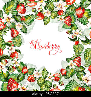 Aquarelle floral background avec des fraises. Carte d'été. Châssis à l'aquarelle les fraises. Fond peint à la main Banque D'Images
