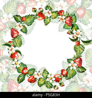 Aquarelle floral background avec des fraises. Carte d'été avec l'exemplaire de l'espace. Châssis à l'aquarelle les fraises. Fond peint à la main Banque D'Images