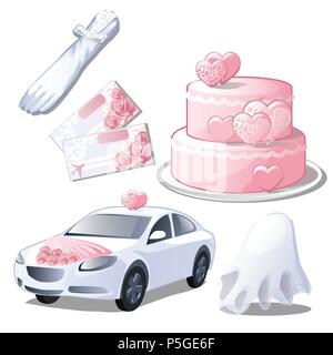 Set accessoires de mariage isolé sur fond blanc. Gant, invitations de mariage ou des billets pour lune de miel, le gâteau, la mariée voiture. Vector illustration. Illustration de Vecteur