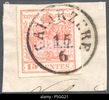 N/A. Anglais : Cachet de Lombard-vénitien, 15 centesimi question 1854, annulée à CAVARZERE . 1854. Poste de l'Empire autrichien 153 Autriche 1854 Lombard-Vénitien CAVARZERE Banque D'Images