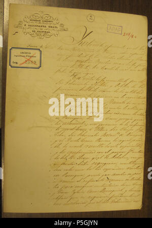 N/A. Anglais : une image haute résolution de l'arrêté du gouverneur général Antonio Blanco, datée du 5 avril 1850, séparant les villes de Banate et Anilao à Iloilo (Philippines) à partir de leur ville d'Barotac Nuevo(première page). 5 avril 1850. Gouverneur général Antonio Blanco-Sulbod Blanco-Banate 209 1 Banque D'Images