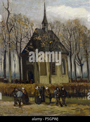 Congrégation de quitter l'Église réformée de la Roche-posay . Anglais : Congrégation de quitter l'Église réformée à Nuenen huile sur toile 41 x 32 cm janvier 1884 . Janvier 1884. N/A 374 Congrégation de quitter l'Église Réformée de Nuenen, par Vincent van Gogh Banque D'Images