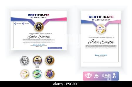 Certificat officiel rose bleu blanc avec des éléments de conception et de l'éducation icônes, graduatioin pac, cup. Design moderne et propre.. Arrière-plan Afstract Illustration de Vecteur