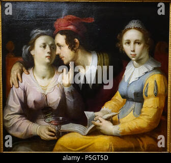 N/A. Français : pièce à la Princeton University Art Museum - l'Université de Princeton, Princeton, New Jersey, USA. 1 décembre 2016, 15:21:21. Daderot 43 un couple de cour et d'une femme avec un livre, de Cornelis Cornelisz. van Haarlem, Néerlandais, ch. 1594, huile sur toile - Princeton University Art Museum - DSC06548 Banque D'Images