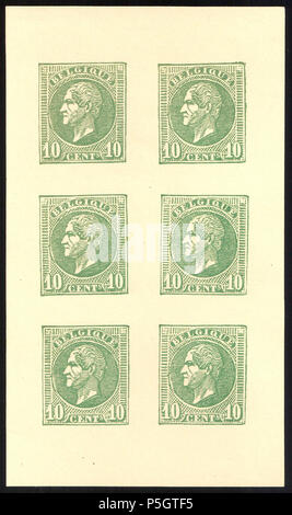 N/A. Français : Belgique 1865-1866 10c Leopold I essais par Charles Wiener. Bloc de six, vert sur papier crème, ungummed. Entre 1865 et 1866. Charles Wiener 184 Belgique 1865-1866 10c Leopold I essais par Charles Wiener green Banque D'Images