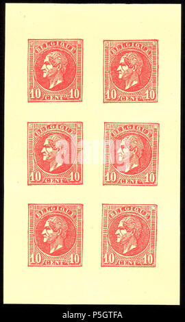 N/A. Français : Belgique 1865-1866 10c Leopold I essais par Charles Wiener. Bloc de six, rouge sur du papier jaune, ungummed. Entre 1865 et 1866. Charles Wiener 184 Belgique 1865-1866 10c Leopold I essais par Charles Wiener red Banque D'Images