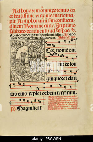N/A. Anglais : Page de l'Antiphonarium secundum morem Sancte Romane Ecclesie completum continens dominicale, sanctuarium, commune et hymnarium quedam et officia noua ... Par Correctum fratrem Franciscum de Brugis ordinis minorum de obseruantia Italiano : pagina di Antiphonarium secundum morem Sancte Romane Ecclesie completum continens dominicale, sanctuarium, commune et hymnarium quedam et officia noua ... Par Correctum fratrem Franciscum de Brugis ordinis minorum de obseruantia . 1503. Lucantonio Giunti per la Chiesa Cattolica 110 Antiphonarium secundum morem Sancte Romane Ecclesie 2 Banque D'Images