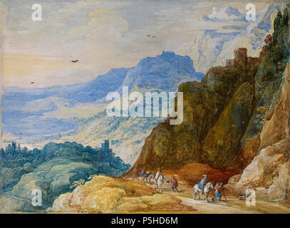 N/A. Anglais : un paysage montagneux avec des voyageurs sur un chemin par Joos de Momper le jeune et Jan Brueghel l'Ancien, huile sur panneau, 32,4 x 44 cm. N/A 45 un paysage montagneux avec des voyageurs sur un chemin par Joos de Momper (II) &AMP ; Jan Brueghel (I) Banque D'Images