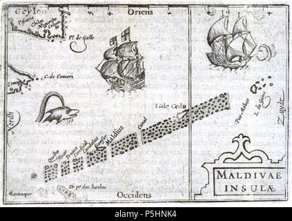 N/A. Anglais : carte antique des Maldives produit par Bertius dans l'année 1589AD. Publié dans MiddleBurg aux Pays-Bas, pour les Hollandais de COV. Cette version a été publiée en 1602 en Amérique. 1602. Bertius 181598 Middleburg Bertius Maldives site Amérique Banque D'Images