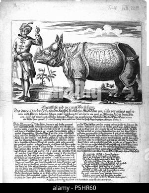 N/A. Deutsch : Das en Panzernashorn Clara, das Mitte des 18. Jahrhunderts mit seinem Besitzer Douwe Mout van der Meer durch Europa tourte, auf einem Stich von Elias Baeck von 1746. Anglais : Clara, le rhinocéros, qui a voyagé à travers l'Europe au milieu du 18ème siècle. Gravure par Elias Baeck à partir de 1746. 1746. Elias baeck 23 1746 - Clara em Viena por Elias Baeck Banque D'Images
