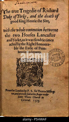 N/A. Anglais : page titre de la jouer maintenant connu sous le nom de Henry VI Partie 3 . 1595. William Shakespeare (1564-1616) Description Français dramaturge, poète, comédien, scénariste, acteur et dramaturge Date de naissance/décès 23 Avril 1564 23 avril 1616 (dans le calendrier julien) Lieu de naissance/décès Stratford-upon-Avon Stratford-upon-Avon contrôle d'autorité : Q692 VIAF:96994048 ISNI:0000 0001 2103 2683 ULAN:500272240 RCAC:n78095332 ALN:35491939 38 WorldCat 3H6 O TP 1595 Banque D'Images