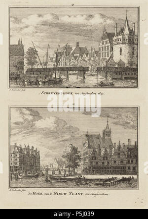 N/A. Nederlands : Beschrijving Schreyershoek tot Amsterdam 1650 / de Hoek van t Ylant Dubbelprent Nieuw Amsterdam tot. Boven : de Schreierstoren met de Hoofdbrug en de ingang van de Geldersekade, naar de situatie omstreeks 1650. Onder : de ingang van de Waalseilandsgracht, gezien vanaf het IJ. 33 het Kamperhoofd met de huizen Prins Hendrikkade (96-107 huisnummering actuel de suivant), des liens de nummers 108-112. Prenten uit : Nederlandsche Outheeden en Gezigten. Documenttype prent Vervaardiger Rademaker, Abraham (1675-1735) Collectie Collectie 1725 Datering Atlas Dreesmann Geografische naam Pri Banque D'Images